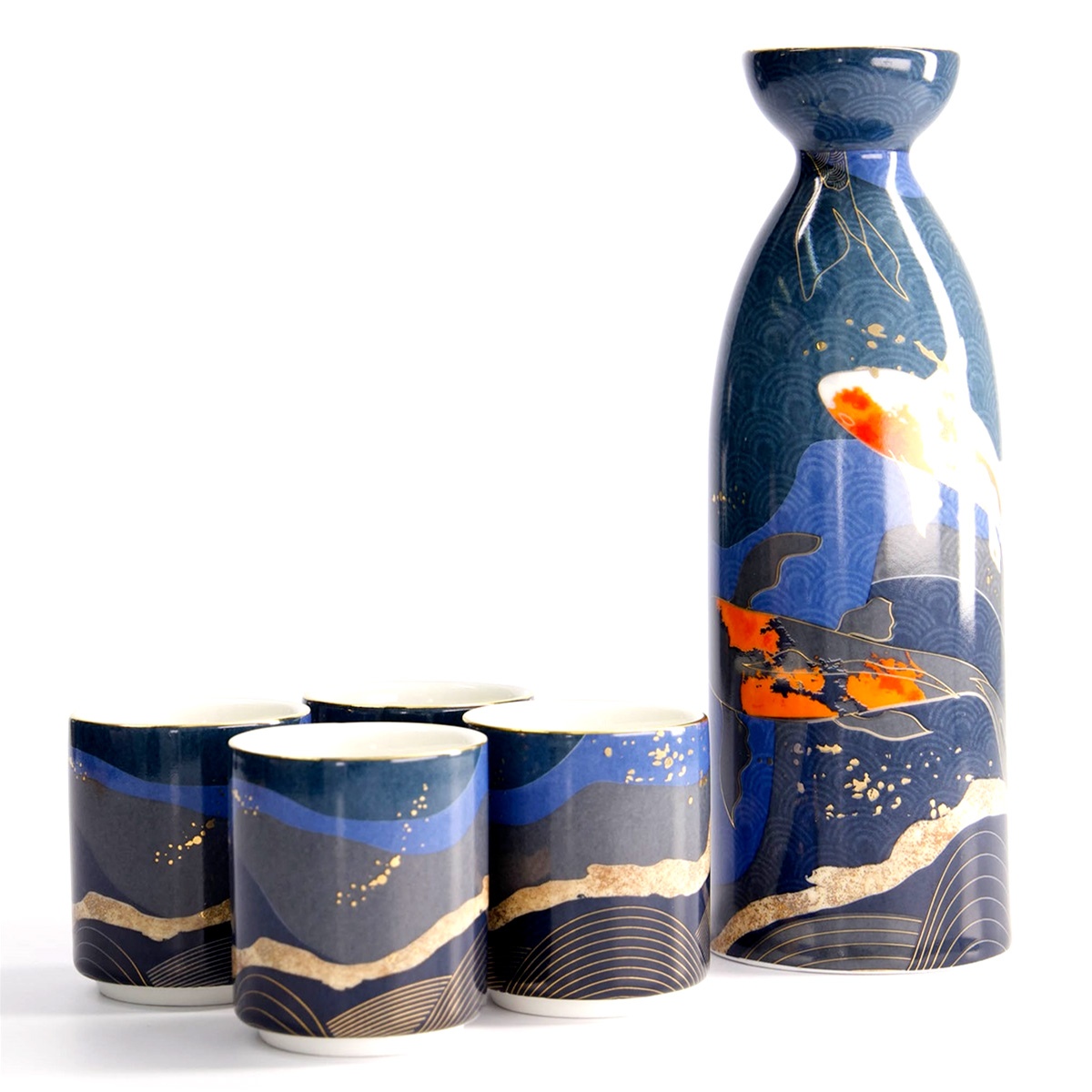 Sake sett, 4 kopper + karaffel "Kawaii Koi" - Tokyo design studio