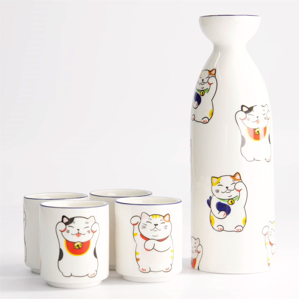 Sake sett, 4 kopper + karaffel "Kawaii Lucky Cat" - Tokyo design studio