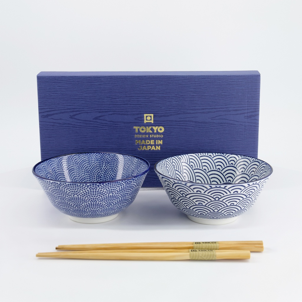 Gavesett, Tayo skål 2stk, m/Spisepinner "wave + dots" 15.2x6.7cm - Tokyo Design Studio — bilde 1