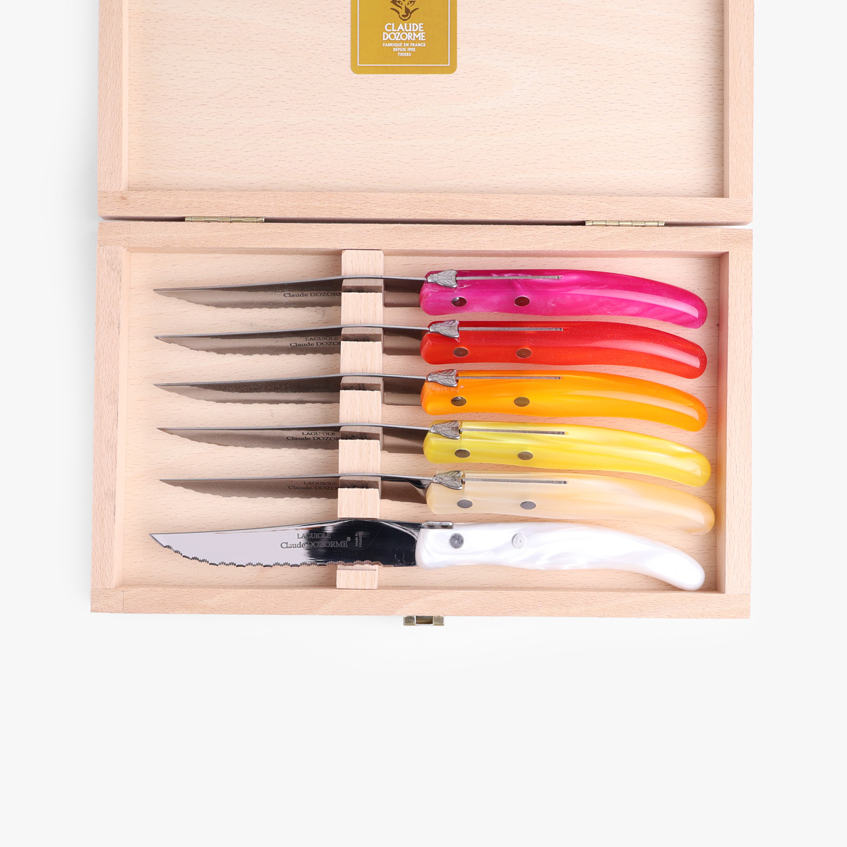 Biffkniver 6. stk rosa/oransje plast - Claude Dozorme Laguiole — bilde 2