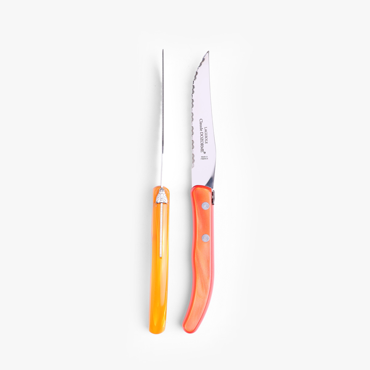 Biffkniver 6. stk rosa/oransje plast - Claude Dozorme Laguiole — bilde 3