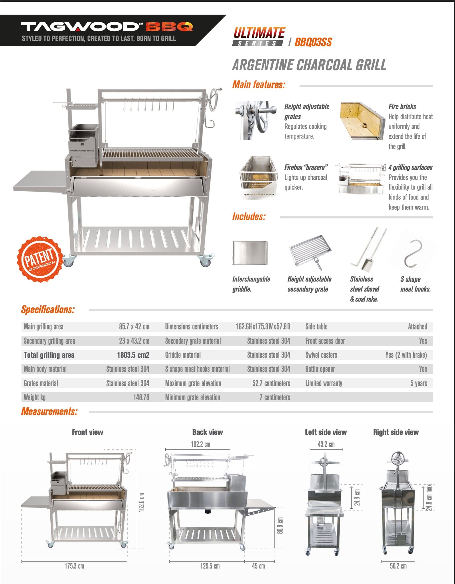 Argentinsk kullgrill med understell, BBQ03 – TAGWOOD