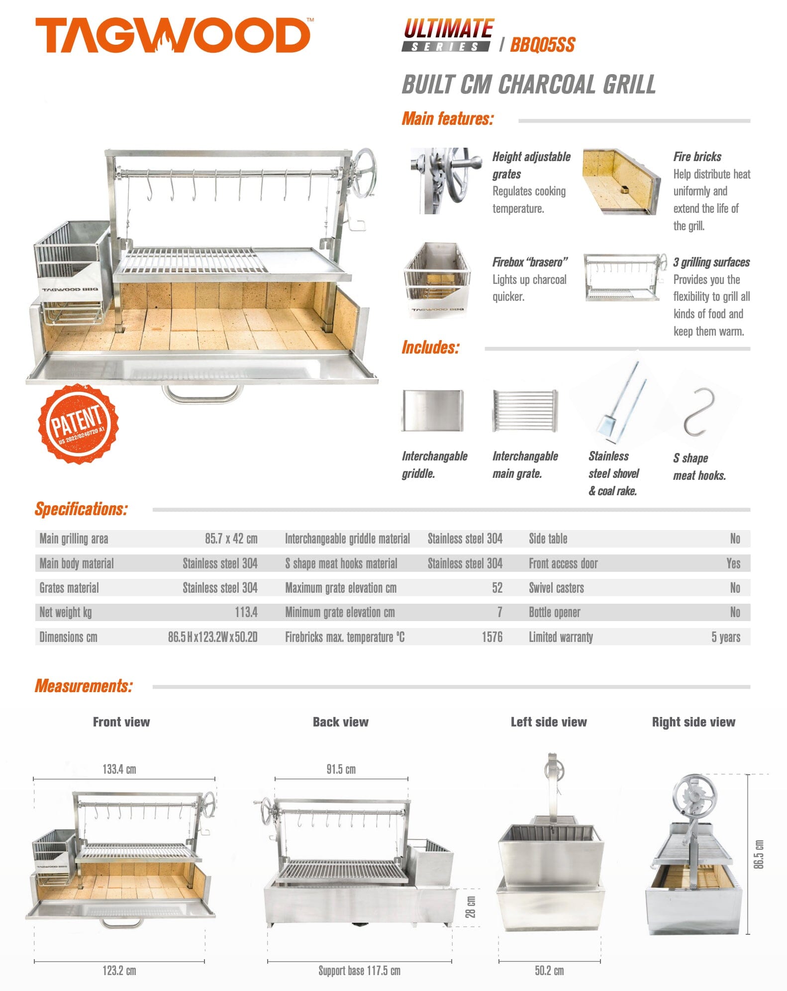 Argentinsk kullgrill for innbygging, BBQ05 – TAGWOOD